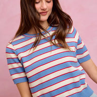 Striped knit crew neck short-sleeve sweater top with ribbed hem, blue and red/white stripes