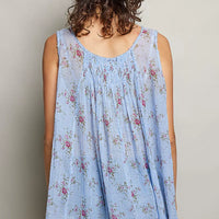 Blue floral pleated cotton sleeveless top, round neck, back view