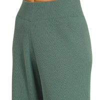 Jade green wide-leg knit pants with elastic waistband