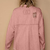 Powder brick button-up shacket, distressed back, raw hem and flap pockets