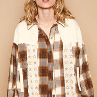 Beige plaid star patchwork long-sleeve shacket with snap-button placket