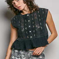 Black lace sleeveless top with round neck and button placket, ruffled peplum hem