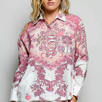 Floral button-down shirt with pink border and floral print, button front and collar on ivory