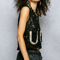 Black crochet cropped vest with horseshoe applique and button front