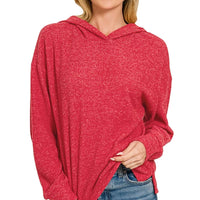 Red heather hoodie pullover with front kangaroo pocket and long sleeves