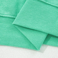 Turquoise ribbed cuff and sleeve hem detail on sweatshirt