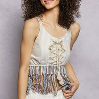 Natural lace-up tank with multicolor fringe waistband detail