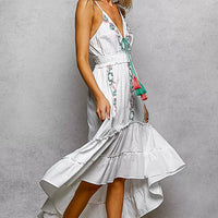 Ivory cami midi dress with side embroidery, smocked waist, tassel tie detail