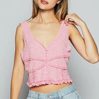 Blush pink cropped lace V-neck tank with buttons and scalloped hem