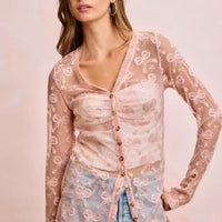 Dusty rose bow-pattern mesh cardigan top with shirred V-neck and button front