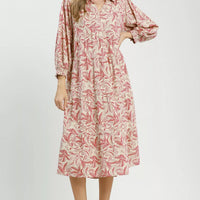 Tiered midi dress with pink botanical print, long sleeves, and button-front neckline