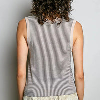 Light grey ribbed sleeveless tank with V-neck contrast trim, back view.