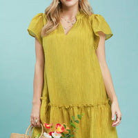Avocado yellow textured mini dress with ruffle V-neck and tiered ruffle hem