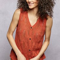 Rust orange knit sweater vest with V-neck and button front, sleeveless