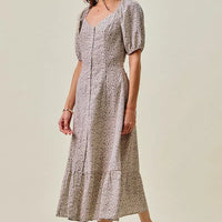 Ditsy floral midi dress with puff sleeves and elastic waist, front view, self belt tie