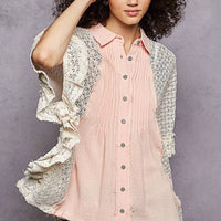 Womenโs baby pink button-down pleated shirt with lace crochet patch sleeves