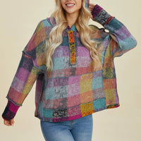 Multicolor plaid fleece hoodie with hood, dropped sleeves, and front button placket