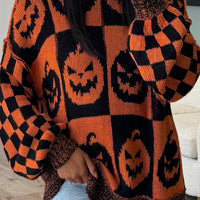 Orange and black pumpkin knit sweater, crew round neck, ribbed cuffs and hem
