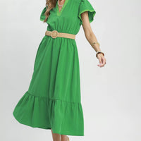 Kelly green midi dress with V-neck, flutter sleeves, smocked waist, waist belt