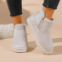 White plush-lined ankle boots with side elastic panels and padded collar