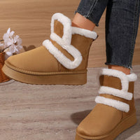 Camel round-toe platform boots with white faux-fur trim and chunky platform sole
