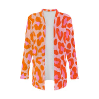 Cardigan Leopard Print. Cardigan with orange and pink abstract pattern on a white background
