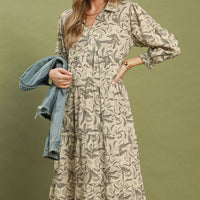 Beige botanical-print tiered midi dress, long sleeves and gathered tiered skirt
