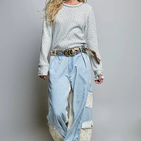 Light blue speckled ribbed knit crew neck long-sleeve top with slim cuffs
