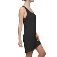 Black racerback sleeveless mini dress side view, racer straps and straight hem