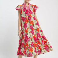 Floral tiered midi dress with short cap sleeves and V-neck, pink and cream blossoms