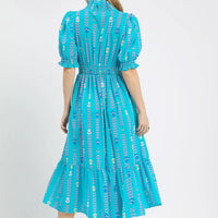 Mint blue mix smocked midi dress, back view with puff sleeves and tiered hem