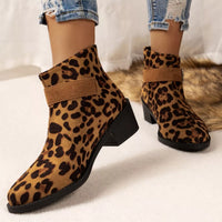 Leopard print point-toe block heel ankle boots with side elastic gore and pull-on style