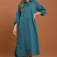 Teal collared button-front midi dress with relaxed fit and cuffed sleeves