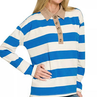 Ocean blue-and-white striped long-sleeve polo with contrast collar and front buttons
