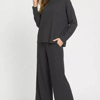 Black viscose sweater top and wide-leg pants set, long sleeves
