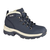 Navy walking boot with cream trim, padded collar, and rugged sole