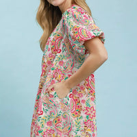 Pink mix paisley floral shift dress with short puff sleeves, side view