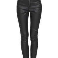 Black faux leather stretch skinny pants with front button and zip, belt loops