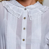 Close-up ivory lace-trim collar button-down shirt with pintuck front panels