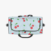 Red Cherry Print Duffle Bag Blue Canvas