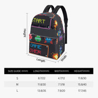 Kids canvas backpack with pixel “START” and “GAME OVER” front, shown with size measurements.