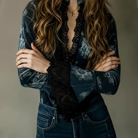 Dark blue lace-trim blouse with V-neck and wide flare sleeves