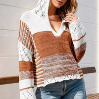 Camel and white striped hooded knit sweater with openwork sleeves and long sleeves