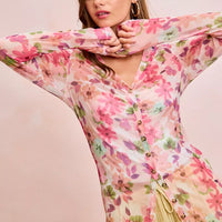 Pink multi floral sheer mesh cardigan top with V-neck and button front detail