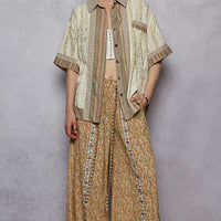 Cream patchwork short-sleeve button-down shirt with vertical stripes and button placket