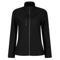 Women's black softshell jacket with stand collar, full zip, and chest zip pocket