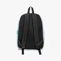 Kids canvas backpack back view with black padded mesh panel and adjustable straps.