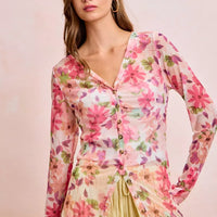 Pink floral mesh button-up cardigan top with V-neck, long sleeves, button front