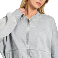 Acid-washed gray fleece full-zip jacket with ribbed cuffs and stand collar