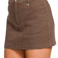Brown cotton twill mini skirt with back seam details and button waistband